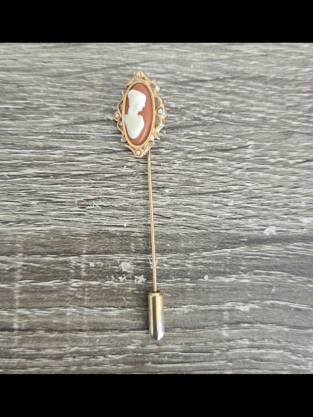 Vintage 1978 Avon Cameo Stickpin Stick Hat Pin Tiny Faux Pearl Accents.